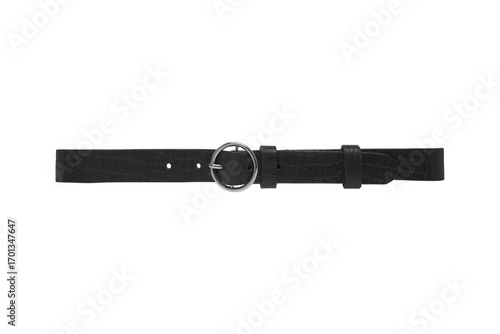 Isolated black leather belt with circular buckle on a white background