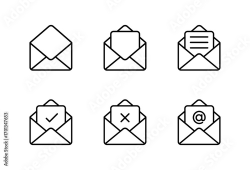 Open email envelope icon set in outline style. Message symbol with check, cross, text, and mention sign