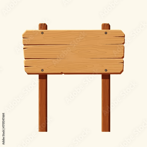 A cartoon-style illustration of a blank wooden sign with two supporting posts, ready for text or graphics