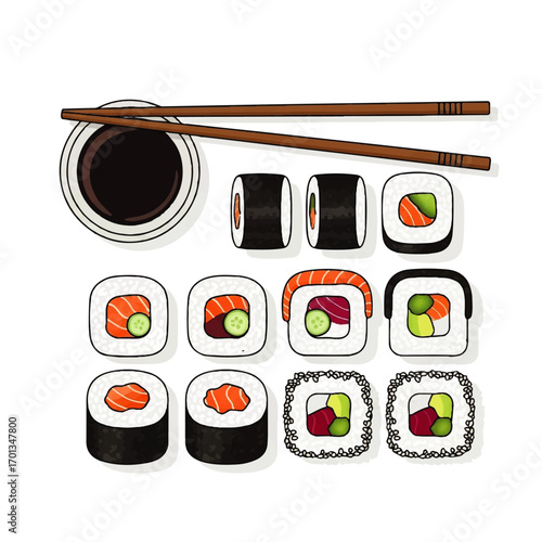 A delectable assortment of sushi rolls, soy sauce, and chopsticks, ready to be enjoyed