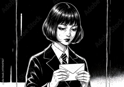 Pensive young woman in dark suit contemplates a mysterious letter in a dimly lit room, creating an atmosphere of suspense and intrigue.