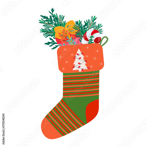 Festive Christmas Stocking with Gifts Vector Illustration