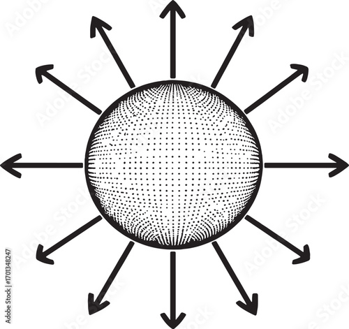 Circle with arrows outline, minimal vector diagram showing outward directions black line art on white
