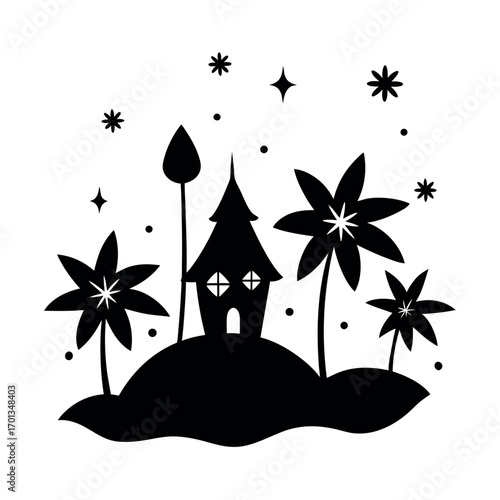 Cute fairy land background with glowing sparkling magical flowers Vector illustration