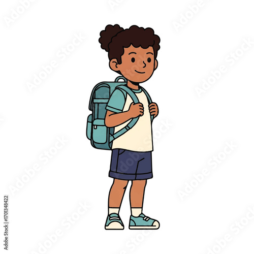 A young child with dark hair and a backpack, ready to go to school