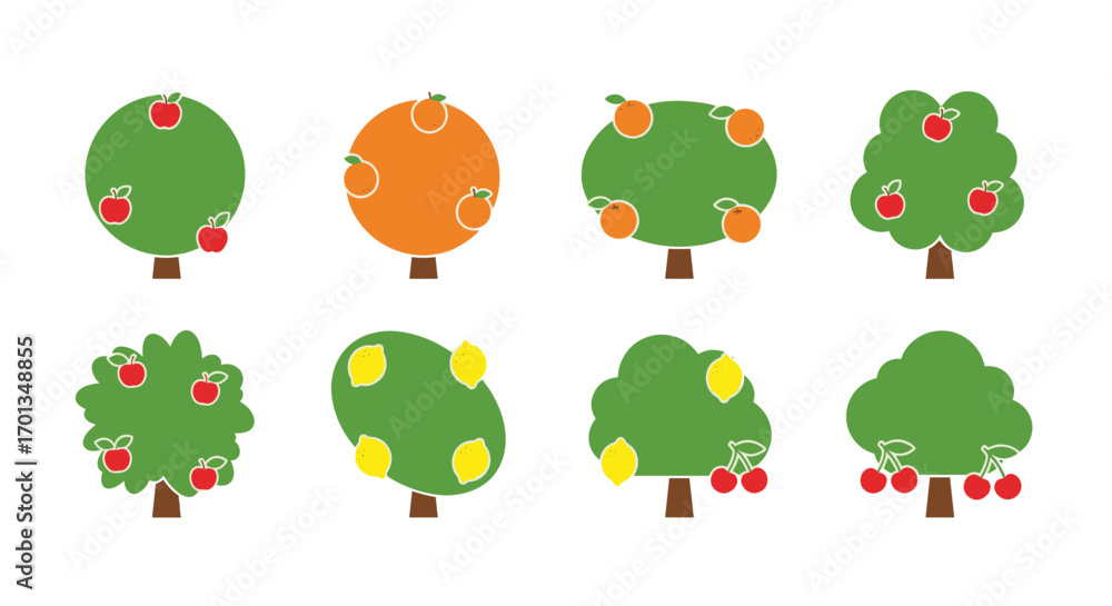 Fototapeta premium Collection of eight simple fruit tree icons.