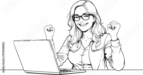 Woman working on laptop with flowers illustration, symbolizing creativity, technology, and modern digital lifestyle