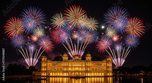 happy indian people looking fireworks on cityscape background