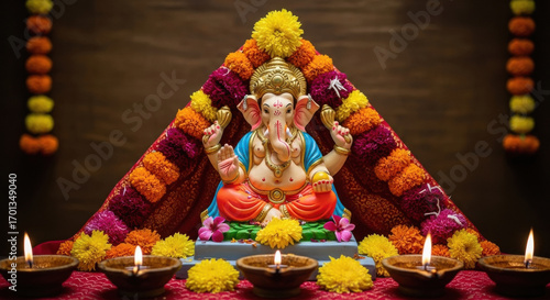 beautiful statue of lord ganesha with glowing lights