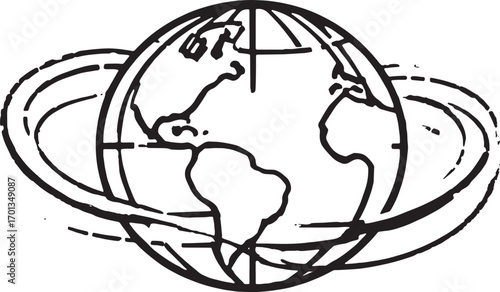 Global Earth line illustration with orbital rings concept, planet design symbolizing worldwide connection and network