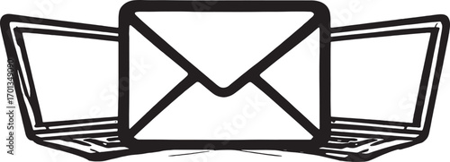Email communication illustration with laptops and envelope, digital mail and online messaging network concept