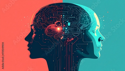 Artificial intelligence concept with human profiles and circuit board brain.