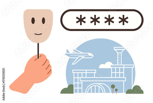 Hand holding smiling mask beside password bar and airport terminal scene with plane and control tower. Ideal for security, identity, travel, protection, authentication, online privacy, deception
