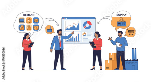 Business team analyzing supply and demand data discussing market trends logistics and forecasting offering insights for strategic planning, Generative AI.