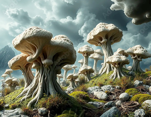 A surreal background inspired by nature, featuring strange organic formations that appear to emerge and grow on their own. The design combines abstract textures, dreamlike patterns.