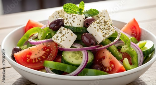 Fresh Greek Salad with Feta, Olives, and Mint Garnish in a White