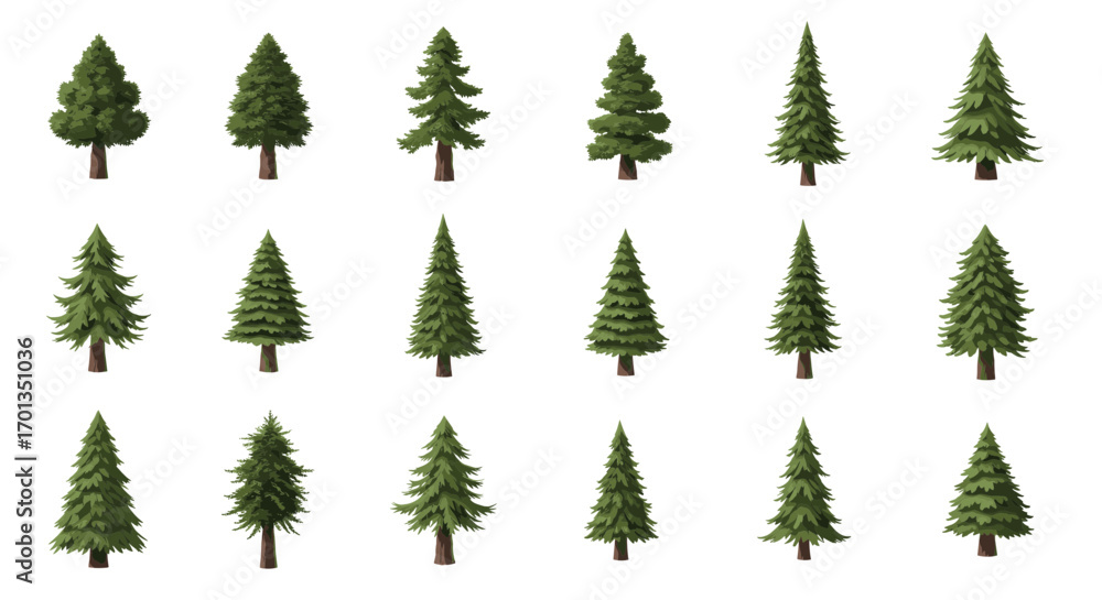 Obraz premium Collection of various evergreen trees with different shapes and sizes.