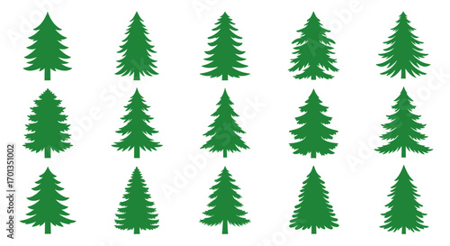A collection of fifteen green stylized Christmas trees arranged in three rows on a white background.