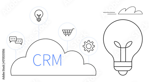 Cloud labeled CRM connected to chat, shopping cart, bulb, gear icons large bulb suggesting innovation. Ideal for CRM, cloud services, business management, teamwork, marketing automation