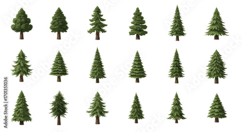 Collection of various evergreen trees with different shapes and sizes.