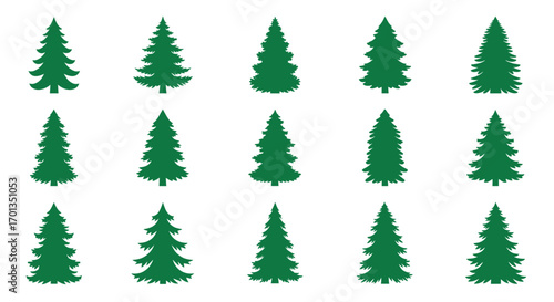 Collection of various green evergreen tree icons and symbols, perfect for Christmas and winter designs on a white background.