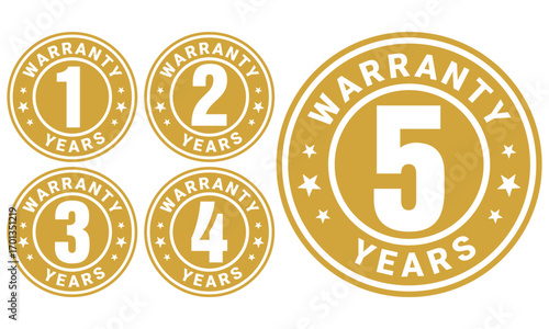 Warranty logo in circle with 1 years, 2 years, 3 years and 4,5 years warranty stamp or sticker vector template