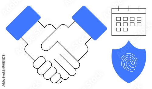 Two hands shaking, calendar indicating planning, shield with fingerprint signifying security. Ideal for collaboration, agreements, partnership, planning, integrity trust teamwork. Simple flat