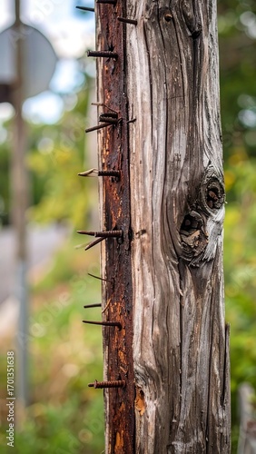 Weathered wooden utility pole