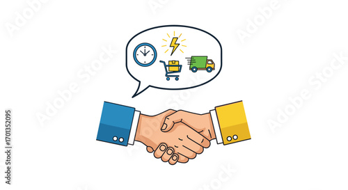 Partnership agreement handshake with e-commerce symbols illustrating fast delivery quick service and timely logistics, Generative AI.