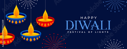 happy diwali greeting blue wallpaper with artistic diya