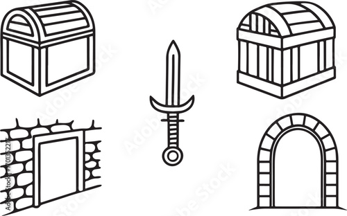 Sungyeon old door wall sward locker vector icons set. Jail icon in flat outline and editable stroke line art