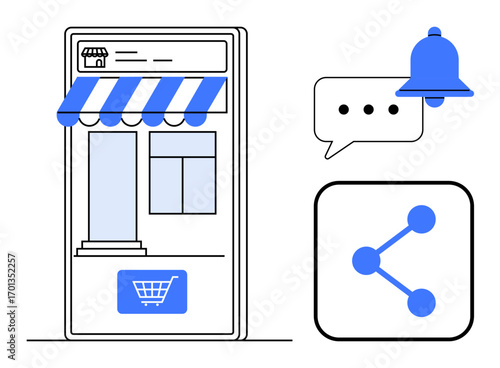 Mobile view of an e-commerce storefront with cart icon, notification bell, chat bubble, and share icon. Ideal for e-commerce, notifications, mobile messaging, sharing, user interaction digital