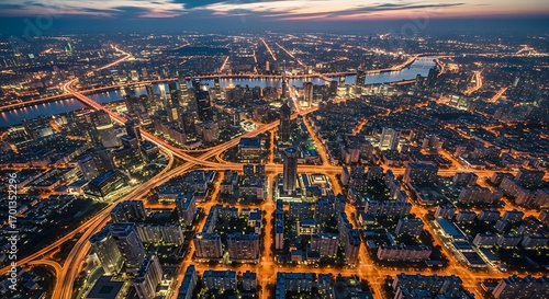 Magnificent illuminated panorama of cityscape and transport infrastructure