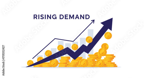 Rising demand and financial growth illustrated with gold coins and upward trending arrow perfect for business and investment concepts, Generative AI.