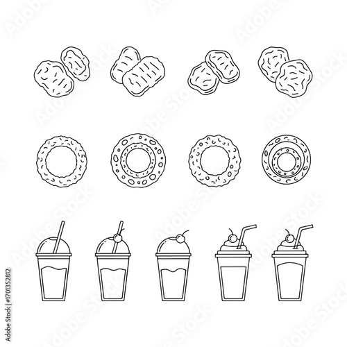 Vector illustration featuring chicken nuggets, donuts, and milkshakes in line art, seamless pattern, Stock royalty.