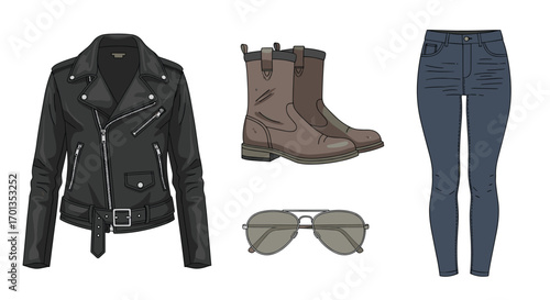Edgy fashion ensemble featuring a black leather jacket brown boots blue jeans and stylish aviator sunglasses perfect for any modern lifestyle, Generative AI.