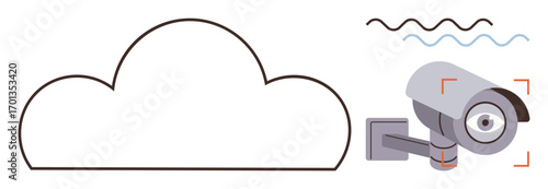 Cloud outline paired with surveillance camera, suggesting remote data storage, privacy, and monitoring. Ideal for technology, security, online storage, data management, privacy cloud computing