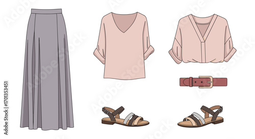 Stylish women's fashion outfit with skirt blouse sandals and belt perfect for fashion blogs lifestyle content and retail promotions, Generative AI.