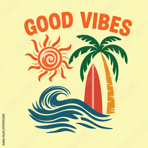 Retro summer surf graphic design with a palm tree, ocean wave, and sun. A vector illustration for t-shirt prints embodying positive vibes