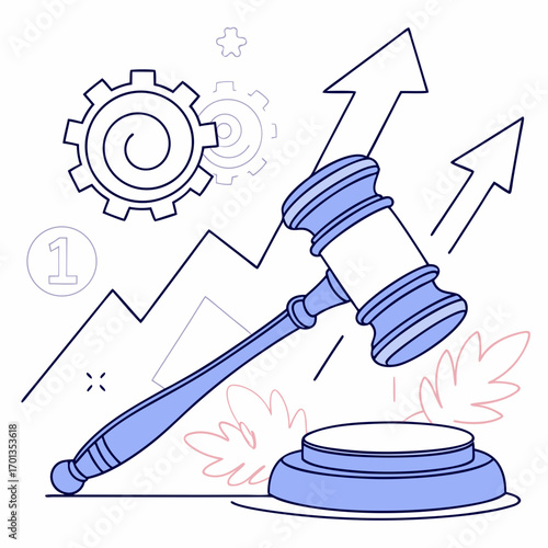 Gavel illustration with upward trending arrows and gears