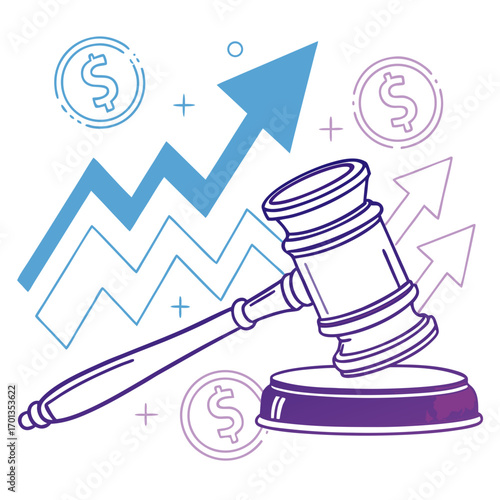 Gavel illustration with upward trending arrows and dollar signs