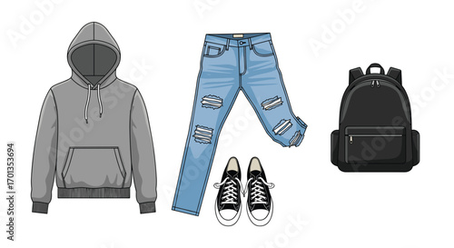 Trendy casual clothing items including a hoodie ripped jeans sneakers and backpack perfect for fashion or lifestyle concepts, Generative AI.