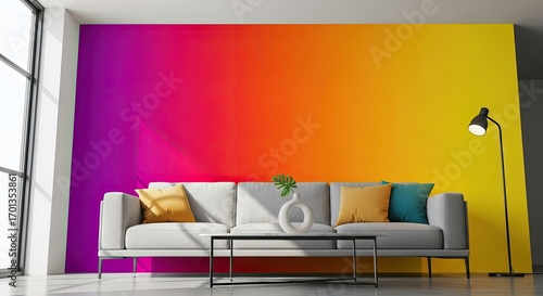 Fototapeta Naklejka Na Ścianę i Meble -  Modern minimalist living room with a comfortable grey sofa, coffee table, and a vibrant rainbow gradient feature wall.