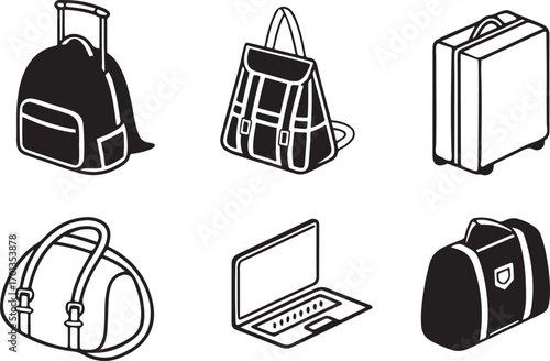 Travel bag trolly luggage vector icons set. Global Cultures & Travel icon in flat outline and editable stroke line art