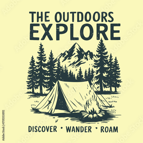 Vintage outdoor adventure emblem with a tent and campfire in a mountain forest setting. A hand-drawn illustration concept for camping and exploration