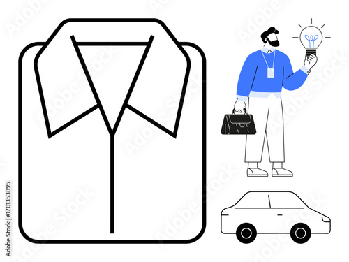 Shirt outline symbolizes attire, man holding lightbulb suggests innovation, briefcase reflects professionalism, car implies mobility or commute. Ideal for work, style, creativity, innovation