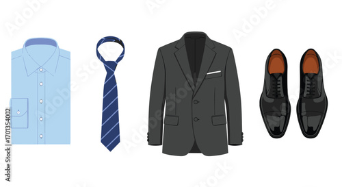 Stylish business attire for professional men: elegant suit dress shirt tie and polished leather shoes for success, Generative AI.