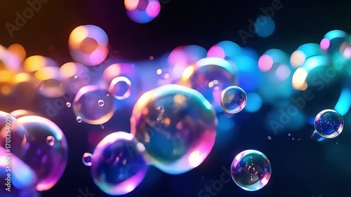 Ethereal, iridescent soap bubbles float and shimmer with vibrant, glowing neon colors against a dark, blurred background, creating a mesmerizing, abstract visual effect.