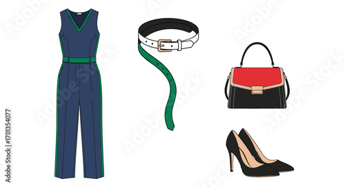 Elegant fashion ensemble with stylish jumpsuit belt handbag and high heels perfect for modern professional women's wardrobe, Generative AI.