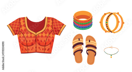 Elegant Indian fashion essentials featuring a vibrant blouse beautiful bangles stylish sandals and a delicate necklace perfect for design projects, Generative AI.
